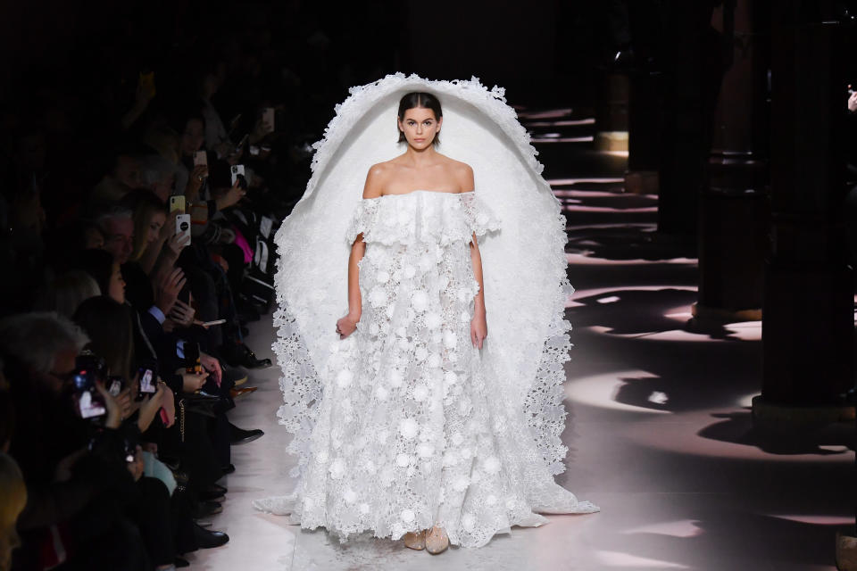 PARIS, FRANCE - JANUARY 21: Model Kaia Gerber walks the runway during the Givenchy Haute Couture Spring/Summer 2020 show as part of Paris Fashion Week on January 21, 2020 in Paris, France. (Photo by Stephane Cardinale - Corbis/Corbis via Getty Images)