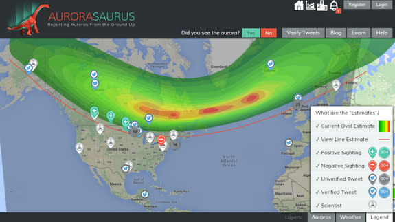 A screenshot of the Aurorasaurus map showing a storm from March 6, 2016. The green, yellow and red areas show the current oval estimate. Green plus signs mean positive sightings; blue Twitter icons indicate ve