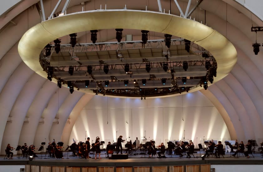 Gustavo Dudamel rehearsing for Sound/Stage filming, with the LA Philharmonic, at the Hollywood Bowl.