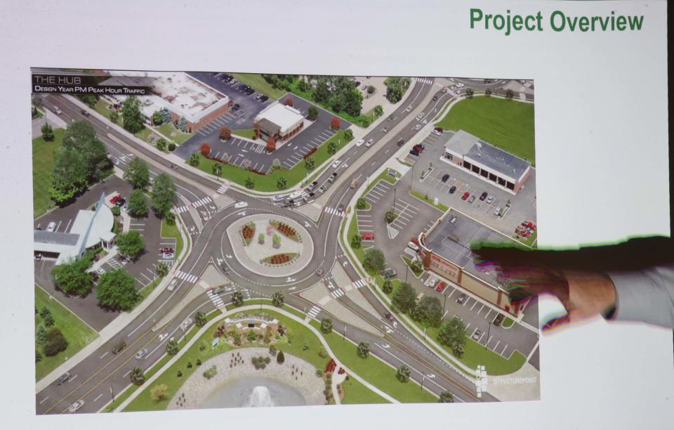 Paul Pickett, city engineer for Green, presents a graphic showing the movement of traffic around one of the proposed roundabouts during the roundtable.