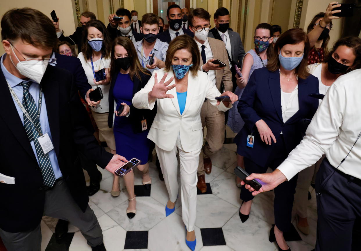 U.S. House Speaker Nancy Pelosi leaves a meeting with fellow House Democrats Monday at the U.S. Capitol.