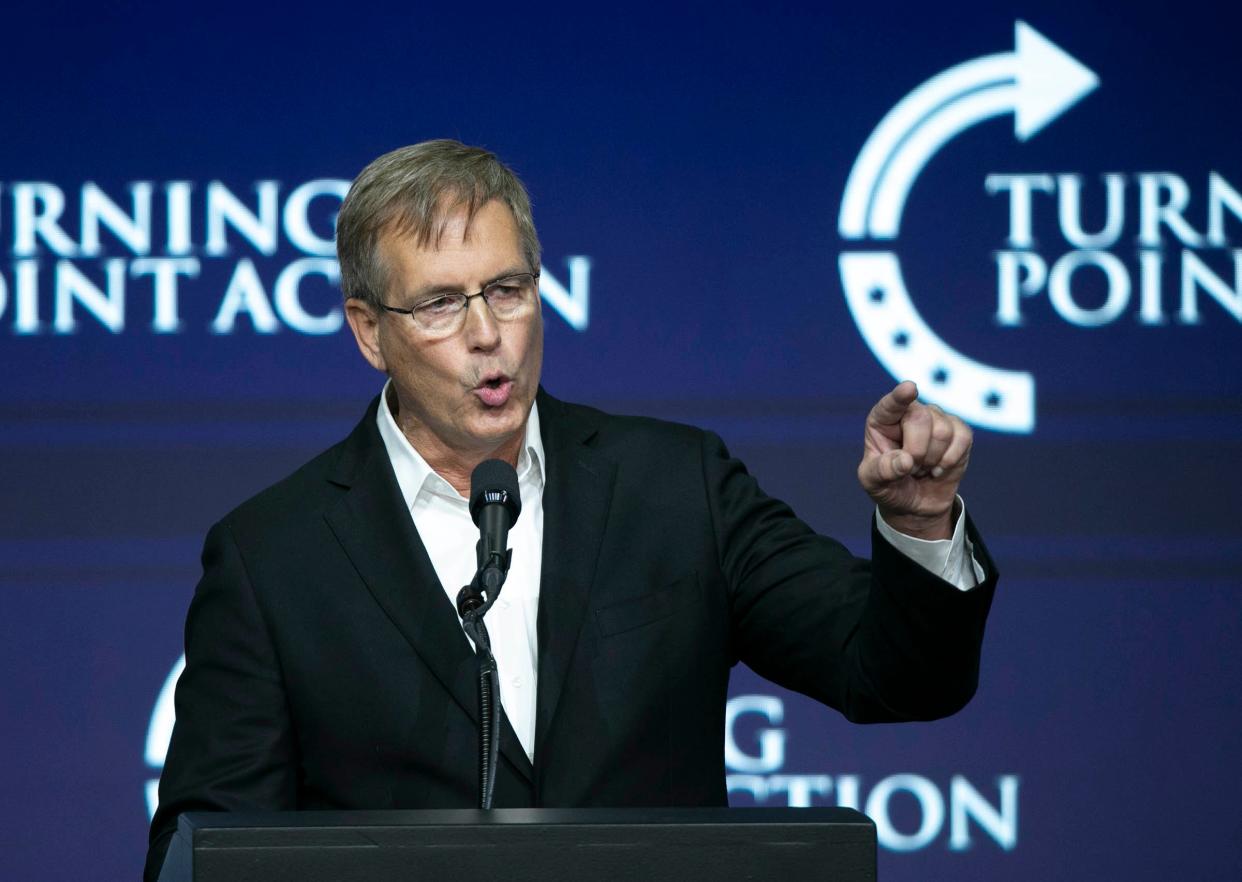 Jim Lamon, a Republican candidate for U.S. Senate, speaks during the Turning Point Action event at the Arizona Federal Theatre in Phoenix on July 24, 2021. Former president Donald Trump spoke later during the event.