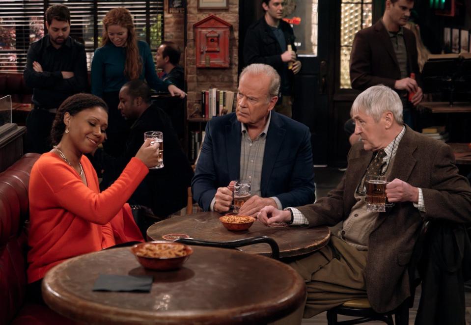 Toks Olagundoye as Olivia, Kelsey Grammer as Frasier Crane and Nicholas Lyndhurst as Alan in Frasier (Chris Haston/Paramount+)