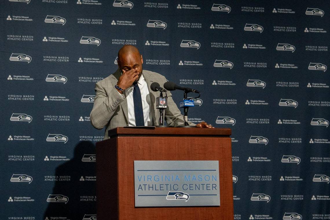 K.J. Wright gets emotional while thanking his team, coaches, friends and family during his retirement press conference on July 28, 2022 at the Virginia Mason Athletic Center in Renton, Wash.