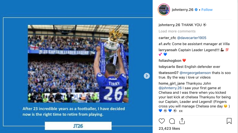 Former Chelsea captain John Terry has finally retired from playing football