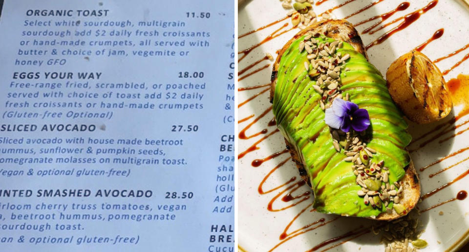 Café menu displaying breakfast items; sliced avocado on toast