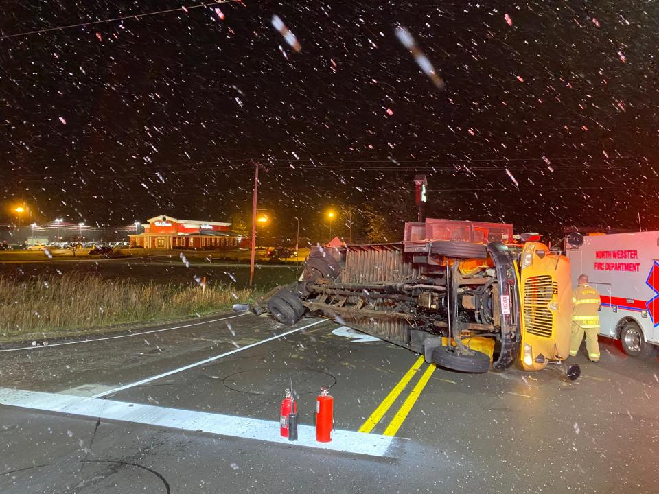 A school bus carrying hockey team members from Chicago's St. Ignatius College Prep lies on its side after being hit by a semi truck Saturday night in Warsaw, Indiana.