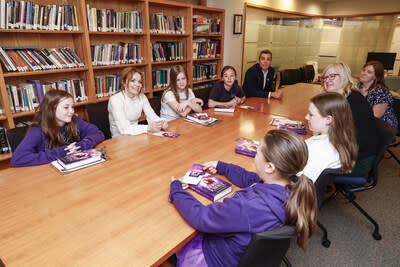 Barbara Bush Foundation Ambassador Geri Halliwell-Horner in conversation with students at Holy Trinity School in Washington, D.C. Photo by Paul Morigi