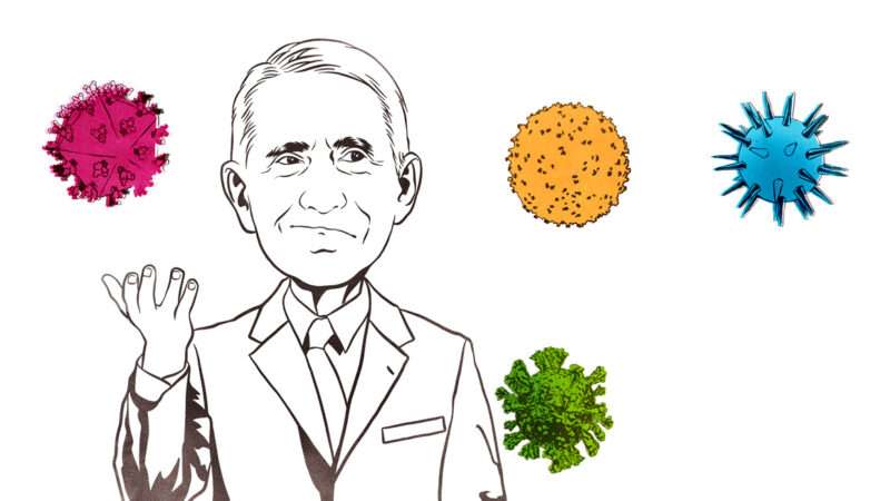 An illustration of Anthony Fauci and some viruses