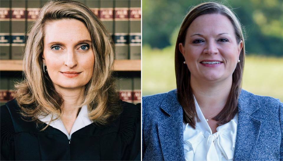 Jessica Sanders, right, has been appointed to serve the remaining two years of Joy Pace Booth's term as district judge. Booth, left, won election in November as the Autauga County judge for the 19th Circuit and was sworn in Friday.