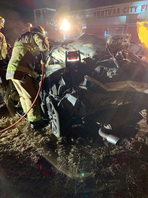 Ventura City firefighters at the scene of a fatal DUI crash in July 2021 on southbound Highway 101 by the Main Street exit in Ventura.