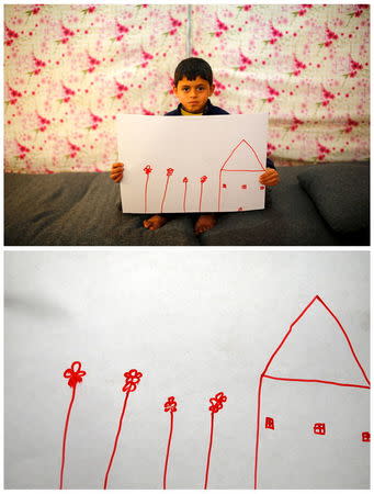 A combination picture shows Syrian refugee Ali Addahar, 9, as he shows a drawing of his home in Syria, as he sits in his tent in Midyat refugee camp in Mardin province, Turkey, December 14, 2015 (top) and his drawing (bottom) December 16, 2015. REUTERS/Umit Bektas