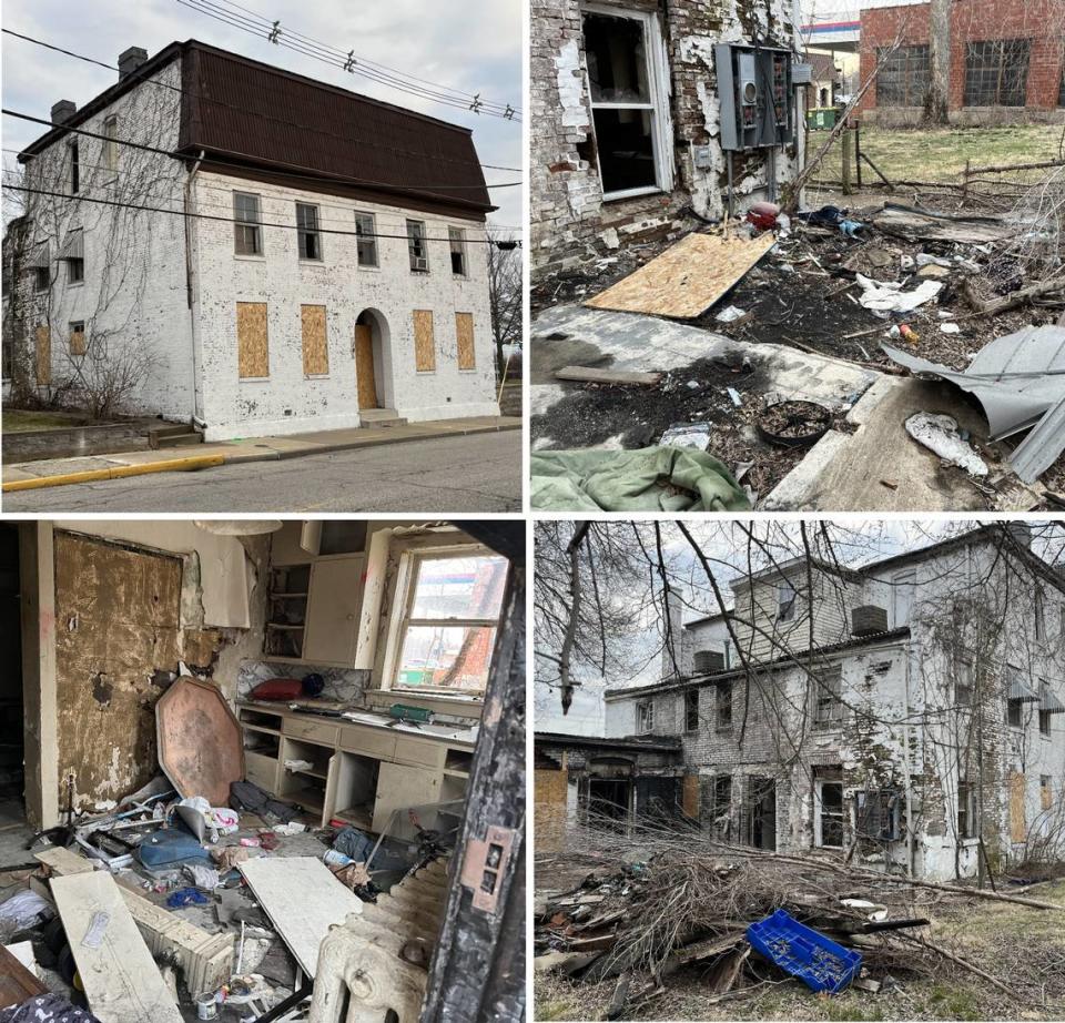 The building at 14 S. Third St. in Belleville consists of an entrance to apartments, clockwise from top left, with trash and debris piled around the back entrance and rooms filed with more of it. Teri Maddox/tmaddox@bnd.com