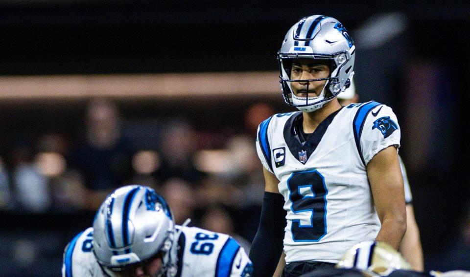 Dec 10, 2023; New Orleans, Louisiana, USA; Carolina Panthers quarterback Bryce Young (9) looks over the New Orleans Saints defense during the second half at the Caesars Superdome. Mandatory Credit: Stephen Lew-USA TODAY Sports