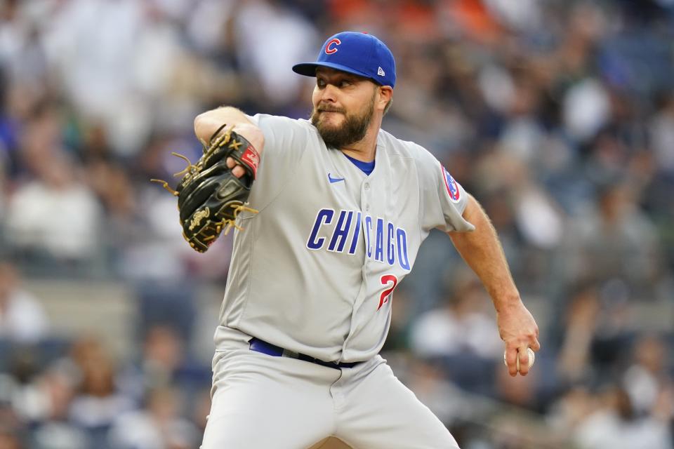 Chicago Cubs' Wade Miley pitches during the second inning of the team's baseball game against the New York Yankees on Friday, June 10, 2022, in New York. (AP Photo/Frank Franklin II)