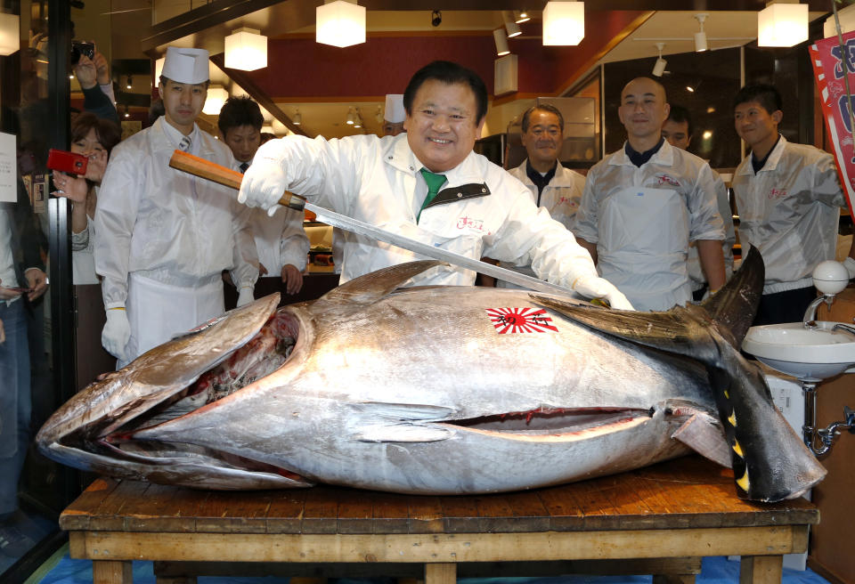 Sushi restauranteur Kiyoshi Kimura poses with a 507-pound (230-kilogram) bluefin tuna he bought at an auction before cutting it at his restaurant near Tsukiji fish market in Tokyo, Sunday, Jan. 5, 2014. Kimura paid 7.36 million yen (about $70,000) for the bluefin tuna in the year's celebratory first auction, just one-twentieth of what he paid a year earlier despite signs the species is in serious decline. (AP Photo/Shizuo Kambayashi)