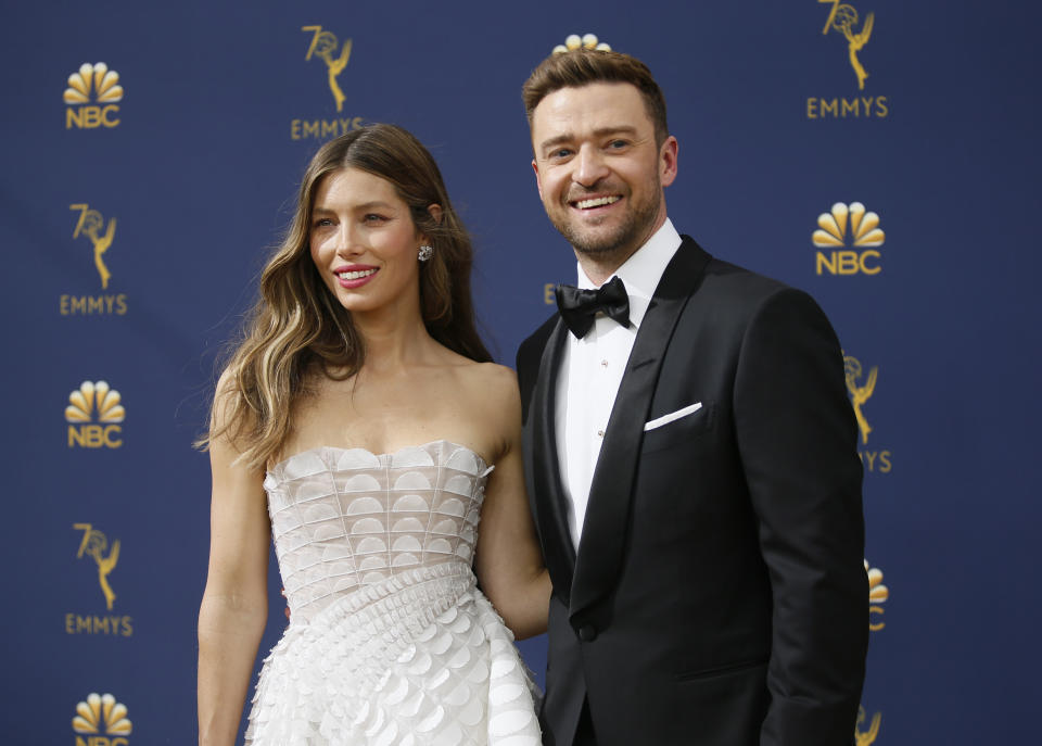 Jessica Biel, left, and Justin Timberlake arrive at the 70th Primetime Emmy Awards on Monday, Sept. 17, 2018, at the Microsoft Theater in Los Angeles. (Photo by Danny Moloshok/Invision for the Television Academy/AP Images)