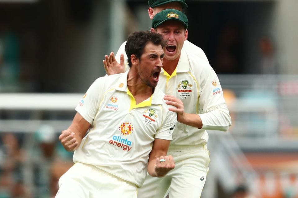 Mitchell Starc celebrates bowling Rory Burns with the first ball of the series in Brisbane (Getty Images)