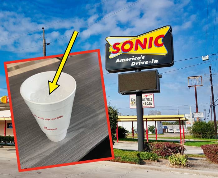 a Sonic storefront; a cup of pellet ice