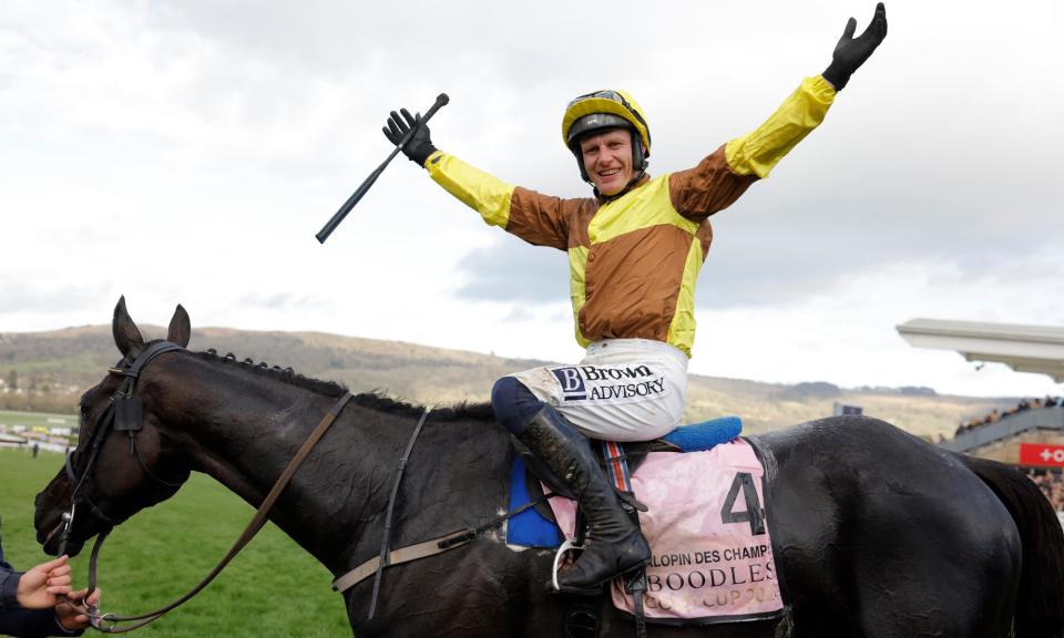 <span>Paul Townend on Galopin Des Champs celebrates victory in the Gold Cup.</span><span>Photograph: Tom Jenkins/The Guardian</span>