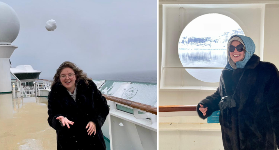 Left, World cruise passenger Anastasia throws a snowball to camera as she enters Antarctica. Right, she smiles wearing a warm coat and multiple layers. 