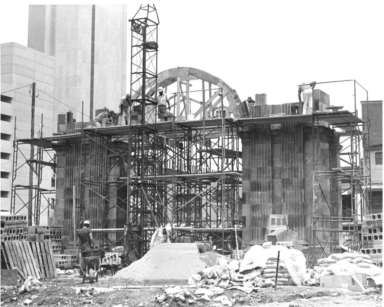 In a 1979 file photo the old Union Depot Arch was rescued when clearing the way for Ohio Center, the city's convention center on  North High Street and was rebuilt at park at Marconi Boulevard and Hickory Street.  Citizens for the Union Station Arch waged campaign to save arch which was taken down stone by stone in 1977. Stones were numbered and stored until brought to the new site and the arch was rebuilt.