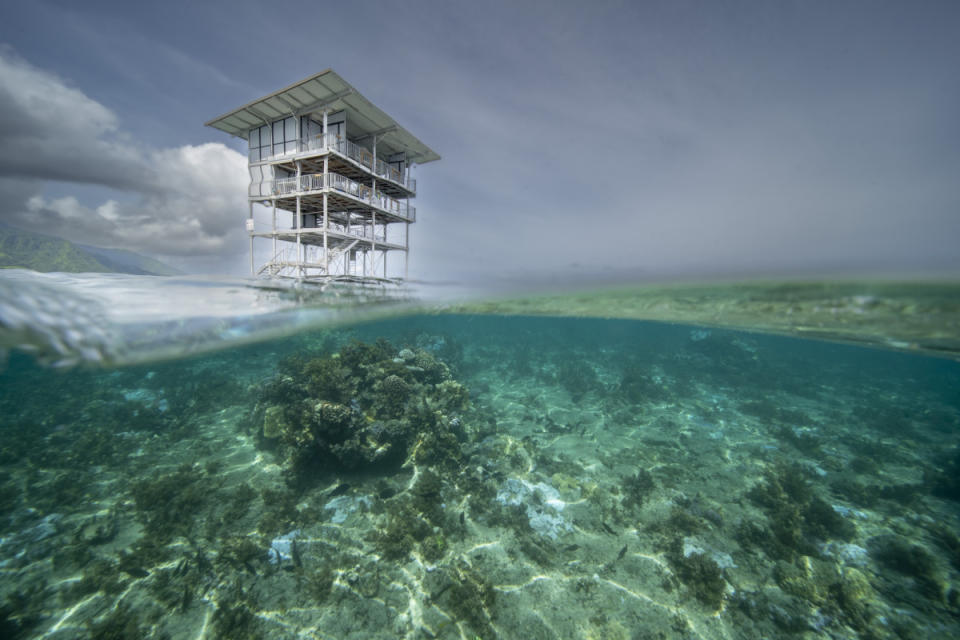 The controversial new judging tower at Teahupo'o – and the reef below – ahead of Paris 2024.<p>Photo: Tim McKenna</p>