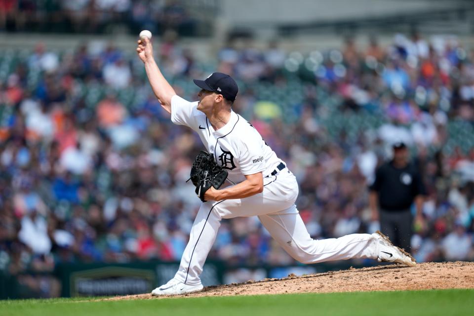 Detroit Tigers pitcher Matt Manning throws against the Toronto Blue Jays in the seventh inning of a baseball game, Saturday, July 8, 2023, in Detroit.