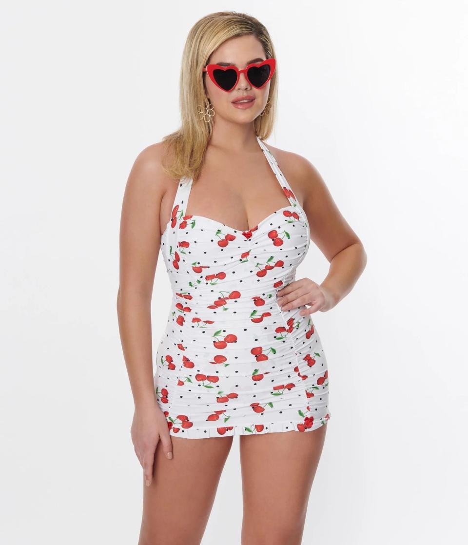 Unique Vintage White & Cherry Pin Dot Halter Swim Dress