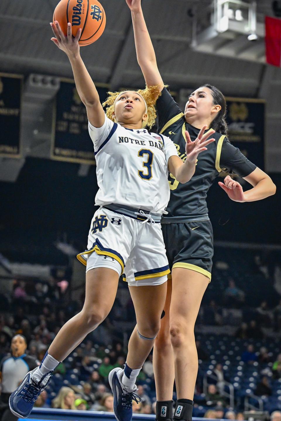 Notre Dame Fighting Irish guard Hannah Hidalgo (3) goes up for a shot in the second half against Purdue Northwest Monday, Oct. 30, 2023, at the Purcell Pavilion.