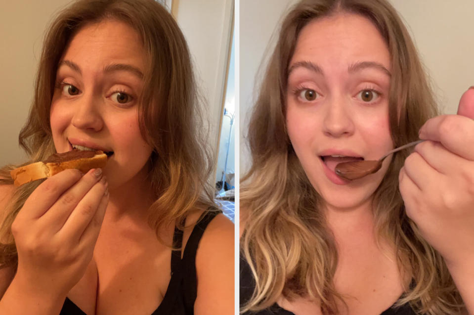 author eating the spread on toast and from the spoon