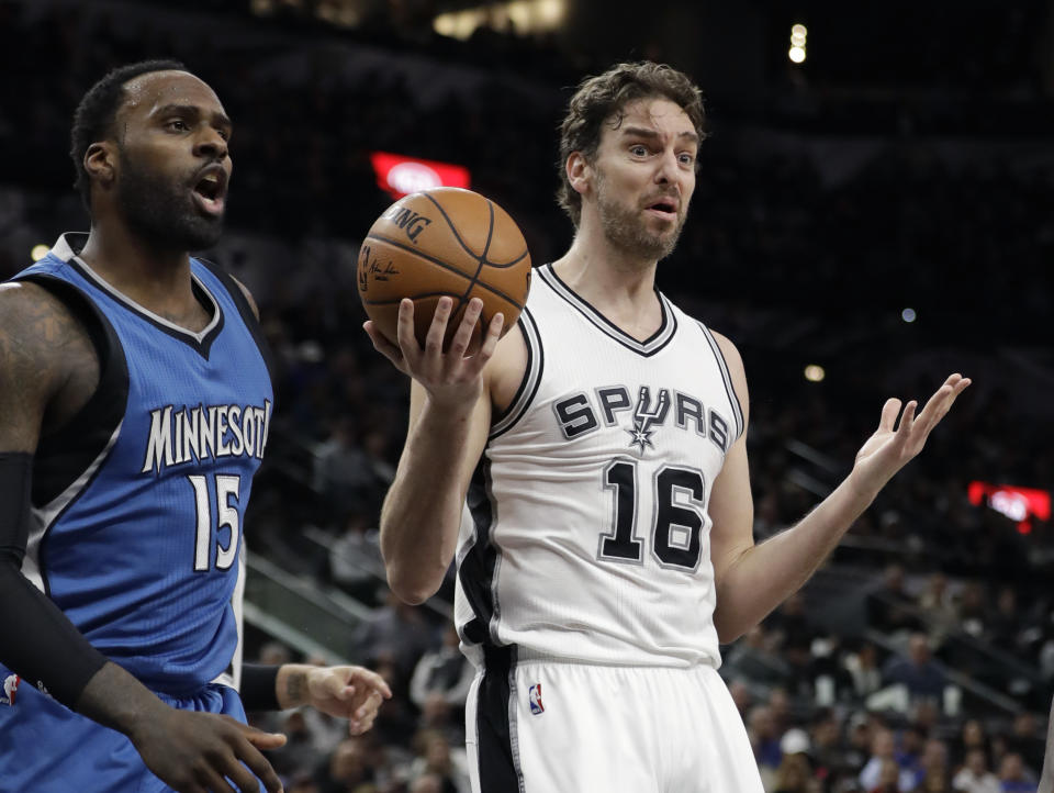 San Antonio Spurs center Pau Gasol (16) reacts after he was called for a foul during the first half of the team's NBA basketball game against the Minnesota Timberwolves, Tuesday, Jan. 17, 2017, in San Antonio. (AP Photo/Eric Gay)