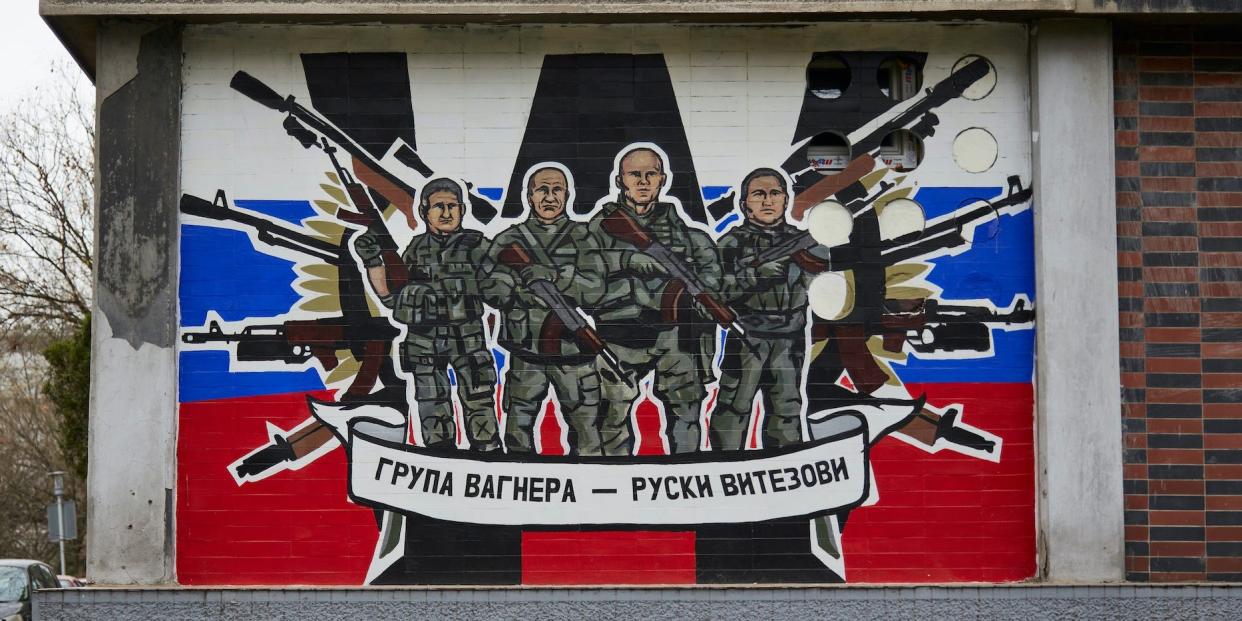 A mural praises the Russian Wagner group and its mercenaries fighting in Ukraine on March 30, 2022 in Belgrade, Serbia.