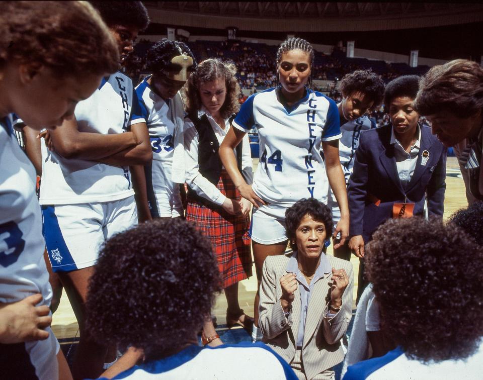 Hall of Fame coach C. Vivian Stringer talks to her Cheyney State team during a huddle. Stringer led Cheyney State to the 1982 NCAA national championship game, and it is still the only HBCU to make an appearance in the Final Four.