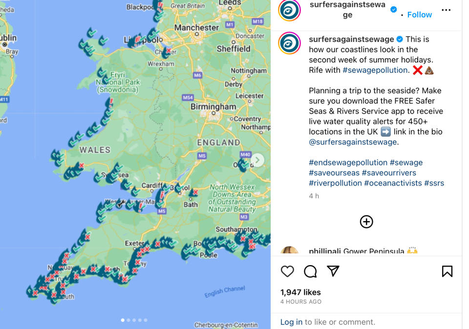 Surfers Against Sewage showed a map that highlights which parts of the UK coastline are ‘rife with sewage’. (Instagram/Surfers Against Sewage)