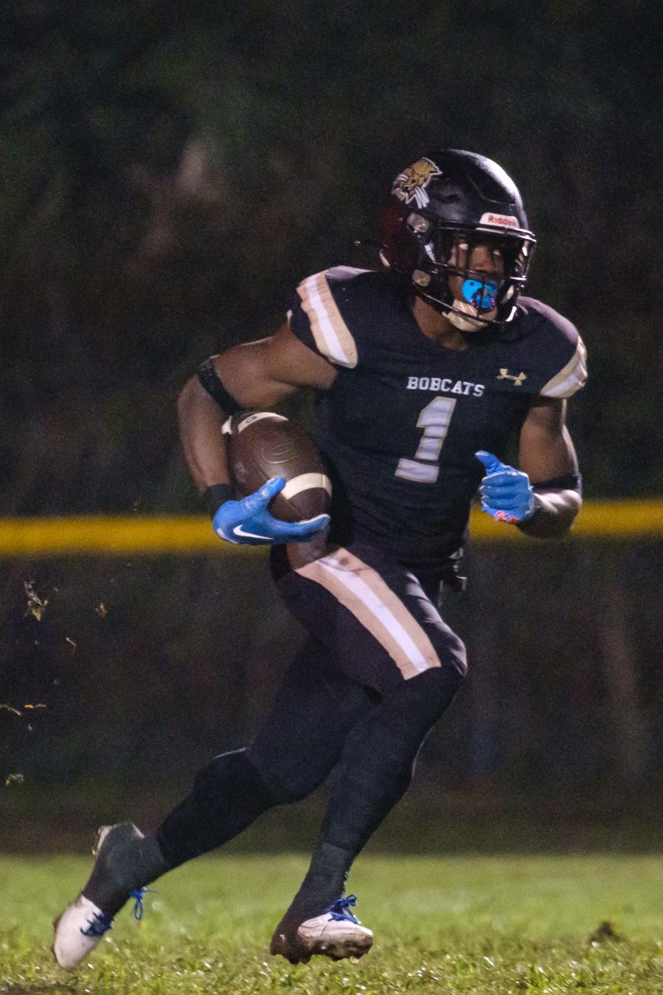 Buchholz Bobcats Jordan Richardson (1) runs with the ball during the first half between Buchholz High School and Ponte Vedra High School at Citizens Field in Gainesville, FL on Friday, November 17, 2023. [Chris Watkins/Gainesville Sun]