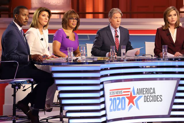 <p>Evelyn Hockstein/CBS via Getty Images</p> CBS News' Bill Whitaker, Norah O'Donnell, Gayle King, Major Garrett and Margaret Brennan host a presidential primary debate in 2020