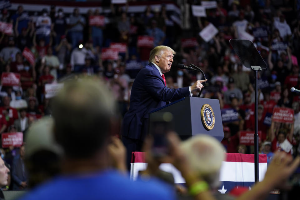 President Donald Trump speaks during a campaign rally at the BOK Center, Saturday, June 20, 2020, in Tulsa, Okla. (AP Photo/Evan Vucci)