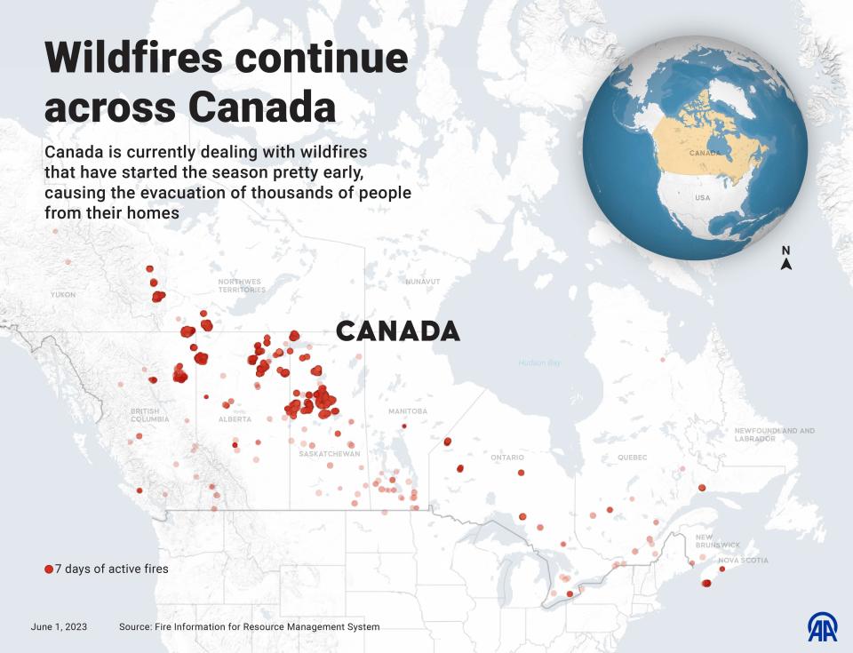 A map of Canada, with red areas indicating the locations of wildfires.