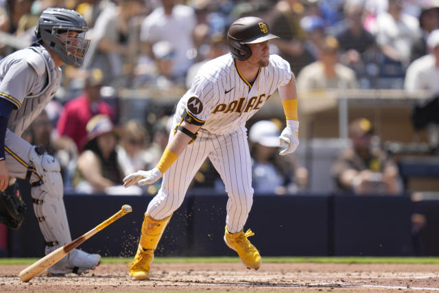 Milwaukee Brewers starting pitcher Freddy Peralta works against a San Diego  Padres batter during the first inning of a baseball game Saturday, April  15, 2023, in San Diego. (AP Photo/Gregory Bull Stock