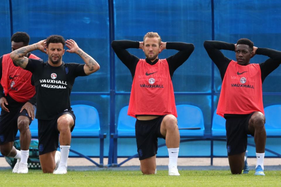 World Cup 2018: England's Kyle Walker, Harry Kane and Danny Welbeck at training on Sunday: PA