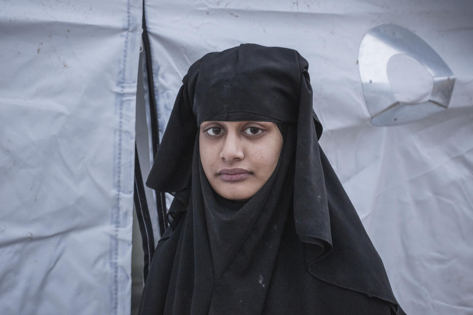AL HOL CAMP, NE SYRIA - FEBRIARY 22: British-born Shemima Begum, 19, from Bethnal Green in London, stands outside the tent in which she's currently living with her newborn son at a detainment camp for foreign ISIS women and their children, on February 22, 2019, in Al Hol, near Hassakeh in North Eastern Syria. Begum had recently escaped from Baghouz, the small village in north east Syria that was the final hold out of Islamic State. (Photo by Sam Tarling/Getty Images)