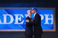 <p>NEW YORK, NY – JUNE 23: Ben Simmons shakes hands with NBA Commissioner Adam Silver after being drafted first overall by the Philadelphia 76ers in the first round of the 2016 NBA Draft at the Barclays Center on June 23, 2016 in the Brooklyn borough of New York City. (Photo by Mike Stobe/Getty Images) </p>