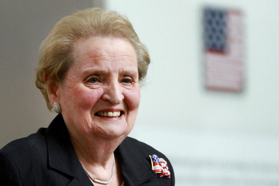FILE - In this May 24, 2012 file photo, former U.S. Secretary of State Madeleine Albright smiles at the Smithsonian National Museum of American History in Washington. The names recently trimmed from Myanmar's blacklist read like a who's who of prominent diplomats, human rights campaigners and Asian-based journalists. After announcing this week it had cut a third of the names off its 6,165-person blacklist, the government took another step toward openness Thursday, Aug. 30, 2012, by publishing the names of more than 1,000 foreigners stricken from the notorious list. Among them are Albright, the late singer, activist and politician Sonny Bono, and former Philippine President Corazon Aquino. (AP Photo/Jacquelyn Martin, File)