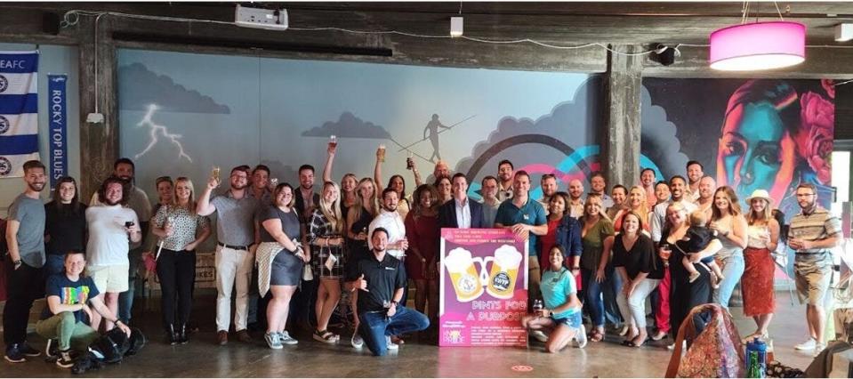 Members of Pints for Purpose are “throwing back and giving back” at their first-ever charity event at Hi-Wire Brewing benefiting Knox Pride. July 2021