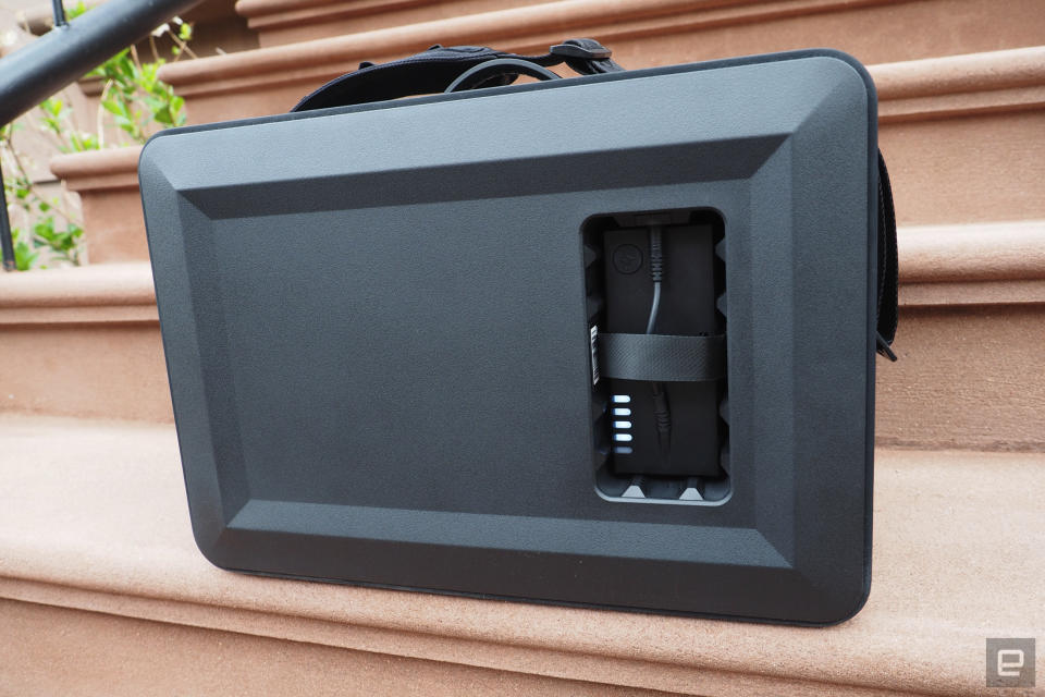 <p>The Soundboks Go portable Bluetooth speaker seen on the front steps of a Brooklyn brownstone.</p> 