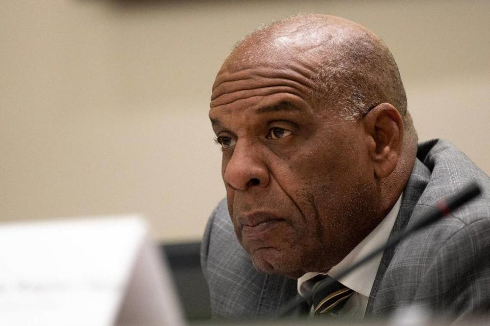 Reparations Task Force member state Sen. Steven Bradford, D-Gardena, listens during a task force meeting in 2023.