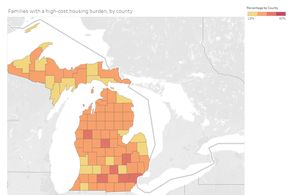 Kids Count data show the financial burden of high-cost housing by county in Michigan.