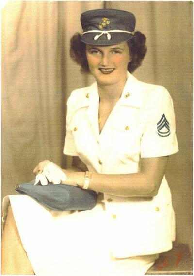 Patricia A. Kelly, 22 years old, in 1945, wearing her Marine Corps uniform. She was among the first group of women to join the Marines during World War II.