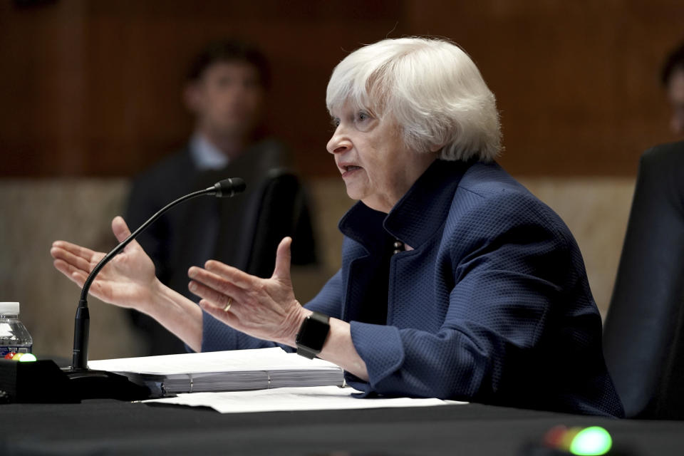 Treasury Secretary Janet Yellen testifies before a Senate Appropriations Subcommittee hearing to examine the FY 2022 budget request for the Treasury Department. Wednesday, June 23, 2021, on Capitol Hill in Washington (Greg Nash/Pool via AP)